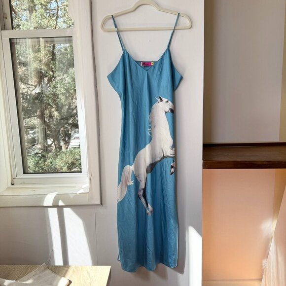 Tyler McGillivary Equestrian Slip Dress Horse Blue Midi - Picture 5 of 17